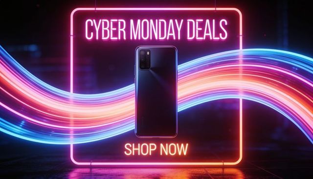 Glowing cyber monday smartphone spotlight featuring neon frame and futuristic light trails