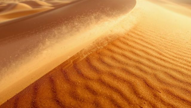 Scattering sand across wind-swept dune in arid desert