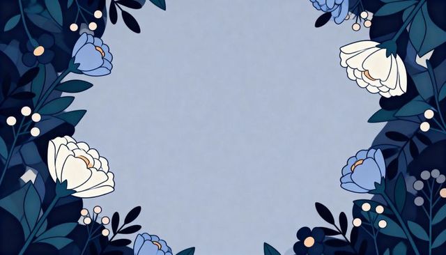 Framing pale blue invitation panel with deep teal foliage and cream floral border