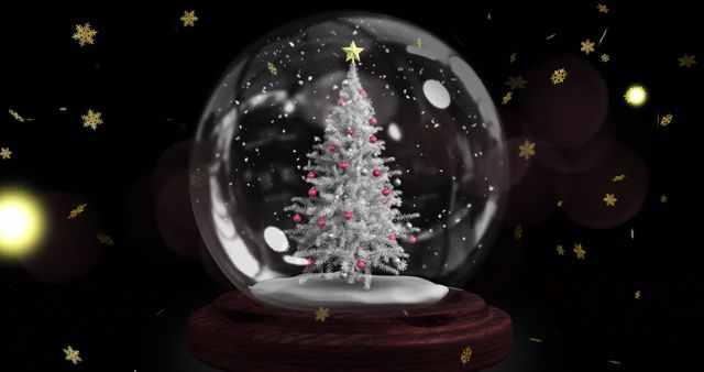 Elegant Snow Globe with Christmas Tree and Falling Golden Snowflakes - Download Free Stock Images Pikwizard.com