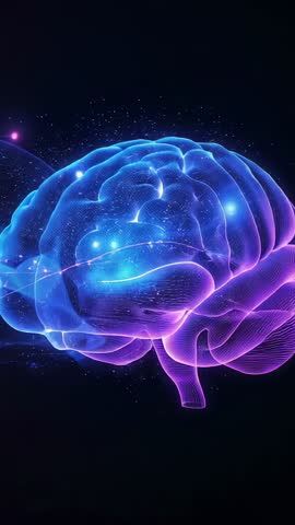 Rotating Neon Wireframe Brain Hologram Vertical Video with Glowing Neural Nodes