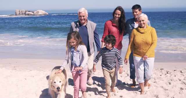 Happy Multigenerational Family Enjoying a Beach Day with Dog - Download Free Stock Images Pikwizard.com