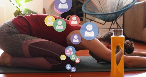 Woman Engages in Home Yoga with Social Media Icons Overlay