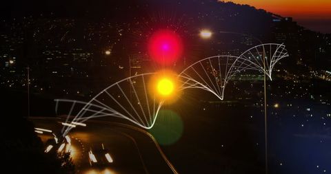 DNA Strand Overlay on Illuminated Urban Cityscape
