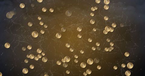 Bitcoin symbols in digital network over stormy sky