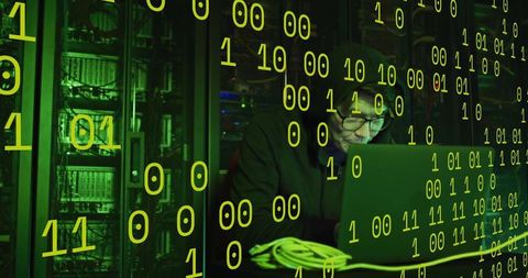 Asian Hacker Computing Amidst Glowing Binary Code and Servers - Download Free Stock Images Pikwizard.com