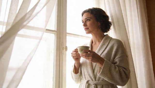 Calm morning ritual woman in robe holding floral cup gazing through sheer curtains