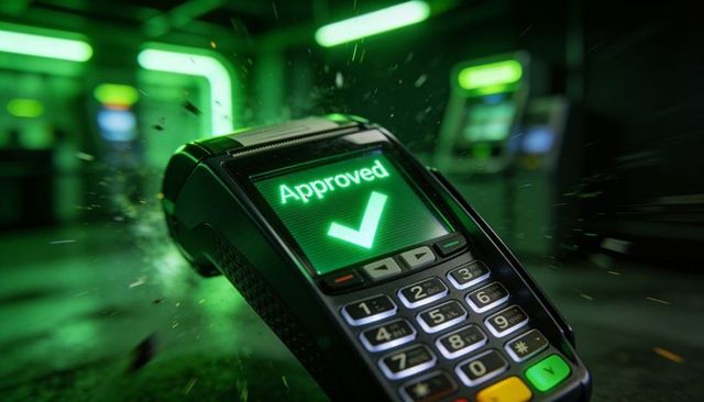 Displaying contactless payment approved on pos terminal with green checkmark and keypad
