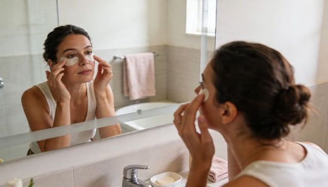Woman applying under-eye patches in mirror skincare routine for glowing skin