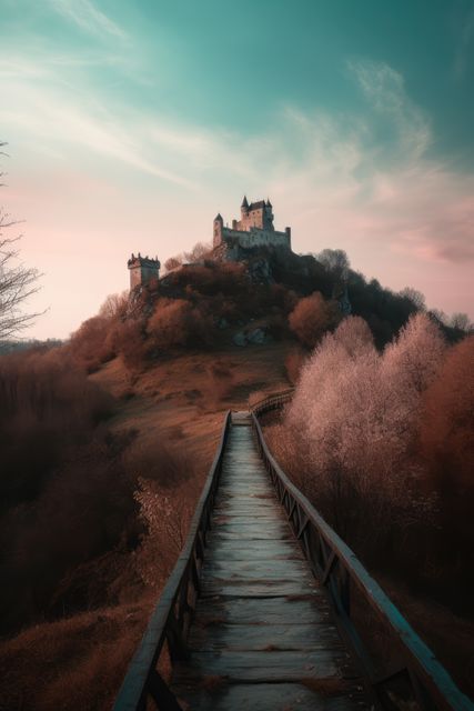 Ancient castle illuminated by soft twilight atop a hill connected by narrow wooden bridge. Great for illustrating fantasy stories, travel brochures emphasizing historical sites, or inspirational posters promoting adventure and exploration.