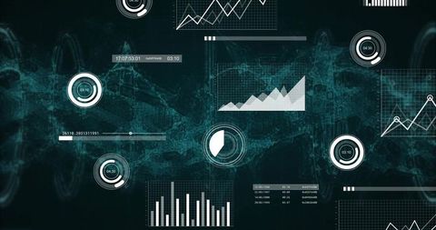 Displaying futuristic teal analytics dashboard with HUD charts, circular gauges, overlays