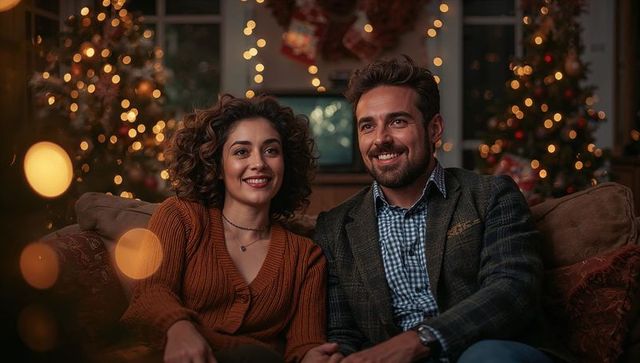 Happy Couple Enjoying Cozy Christmas Ambiance at Home