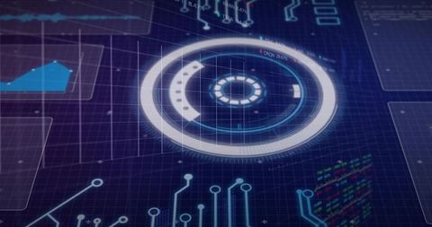 Futuristic Circular HUD Dashboard Rotating Holographic Interface Neon Tech Grid