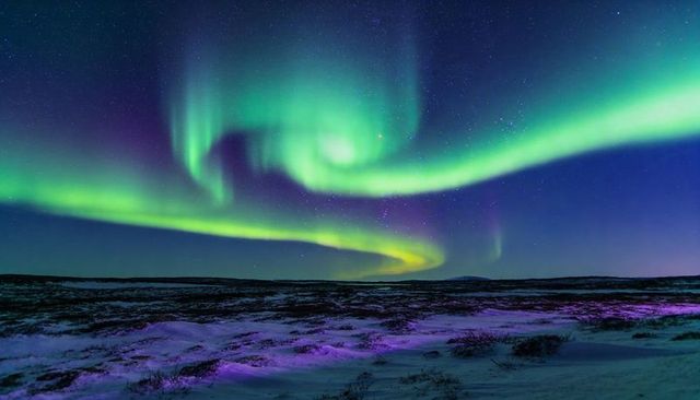 Aurora borealis swirling green teal ribbons over snowy arctic tundra under starry sky