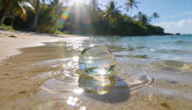 Glass sphere reflecting sunlight on tropical shoreline with palm trees, ripples and turquoise water