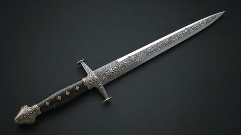 Ornate dagger with intricate engravings on dark background