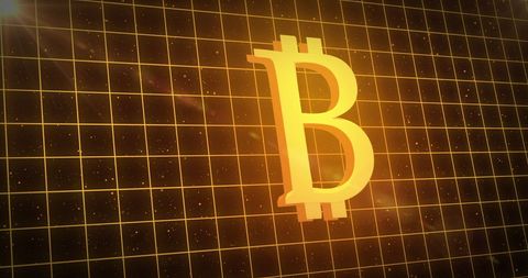 Glowing Gold Bitcoin Symbol with Grid Background