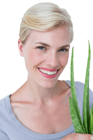Smiling Woman Holding Aloe Vera Plant with Transparent Background