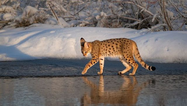 Sunlit serval-like wild cat walking along icy stream edge with snowy bank reflection