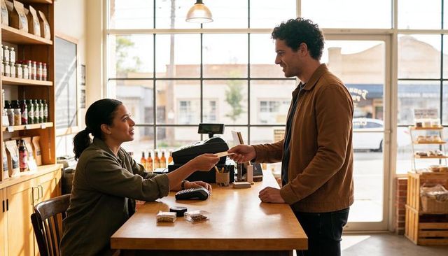 Customer paying by card at cozy wooden bakery counter with smiling cashier