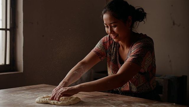Smiling woman kneading rustic bread dough on floured wooden table near window