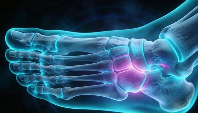 3d foot skeleton with neon cyan-pink glow highlighting ankle and tarsal bones