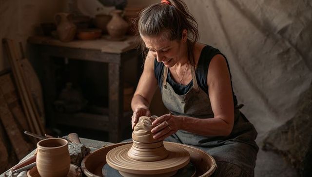 Woman potter shaping clay on wheel in cozy workshop, making handmade ceramics