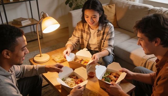 Friends sharing takeout in cozy living room evening — laughing, relaxing, casual dinner
