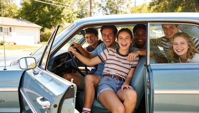 Laughing friends leaning out of vintage blue sedan on sunny suburban street, teens enjoying ride