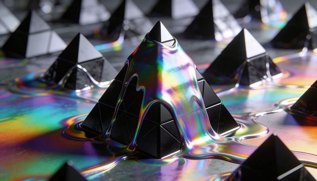 Iridescent Liquid Cascading Over Black Pyramid Grid with Rainbow Reflections