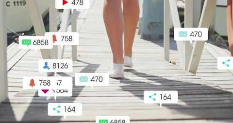 Teen Walking on Dock Surrounded by Social Media Notifications