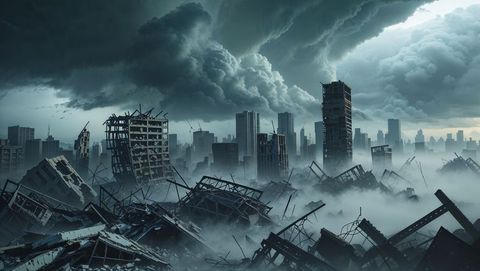 Post-Apocalyptic City Scape Ruins with Collapsed Buildings Among Mist