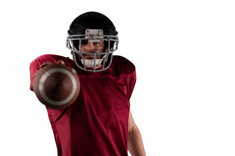 Focused hispanic rugby player holding ball with transparent background