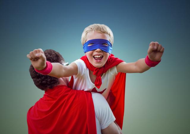 Father carrying son dressed as superhero, both enjoying playful moment. Ideal for family, parenting, and childhood themes. Perfect for advertisements, blogs, and articles about family bonding, imaginative play, and joyful moments.