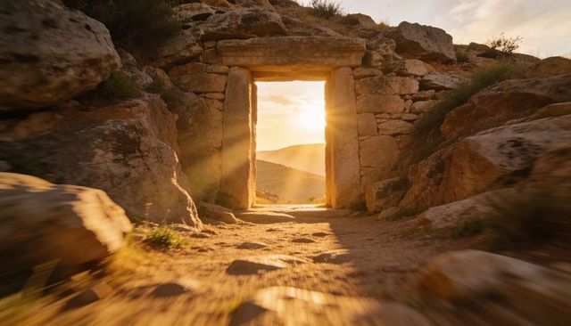 Ancient stone doorway framing sunlit valley at golden hour