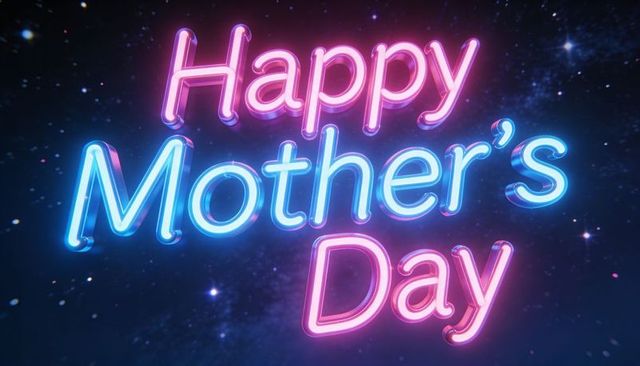 Neon happy mother's day lettering glowing in pink and cyan over starry cosmic backdrop