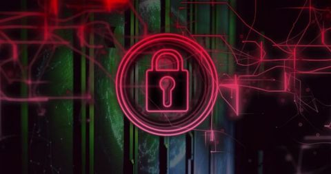 Digital Cybersecurity Icon Overlaid on Technological Background