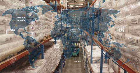 Digital world map overlay on warehouse logistics environment
