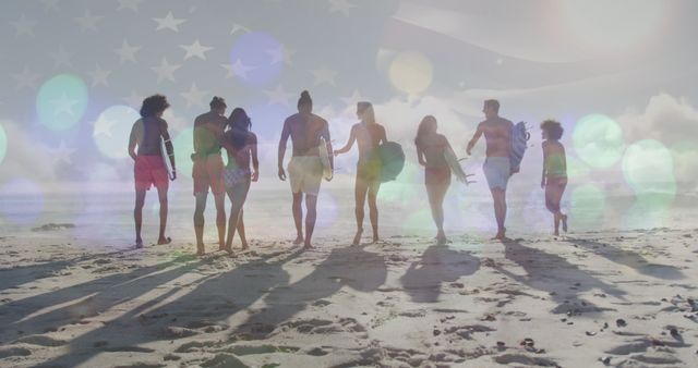 Friends at Beach with American Flag Overlay Celebrating Summer - Download Free Stock Images Pikwizard.com