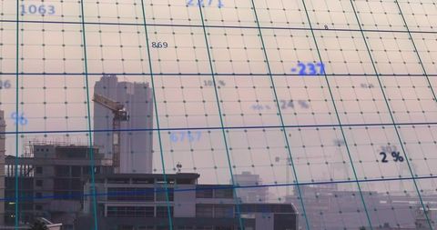 Urban construction overlay showing tower crane, scaffolded high-rise and grid mapping