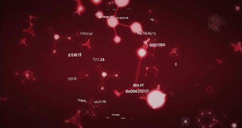 Red neon network of pulsing nodes and hex timestamps for futuristic data visualization