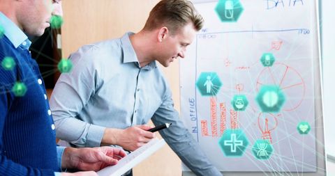 Business Professionals Analyzing Data with Technology Icons Overlay - Download Free Stock Images Pikwizard.com