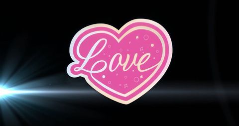 Floating Neon Pink Heart with Love Script and Blue-White Lens Flare on Dark Background