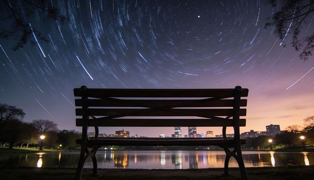 Empty park bench overlooking city lake with circular star trails and night reflections
