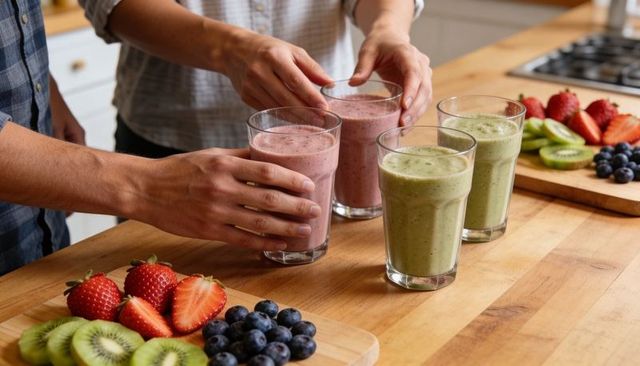 Couple arranging four fresh fruit smoothies on wooden countertop for healthy breakfast