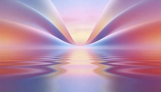 Surreal pastel ribbon seascape with symmetrical reflection and gentle ripples