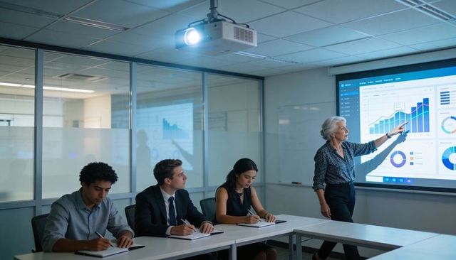 Senior trainer presenting data dashboard to attentive team in modern conference room