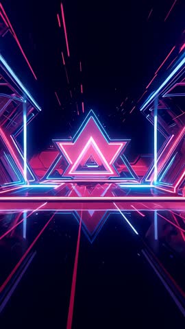 Racing Neon Triangle Portal Illuminating Futuristic Corridor with Reflective Floor