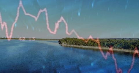Aerial estuary with wooded peninsula and digital waveform overlay blending nature and data