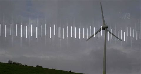 Wind Turbine with Waveform Overlay Representing Renewable Energy Data and Power Analytics